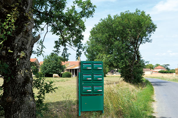 boite à colis easy go sous un bloc de 6 boites à lettres exterieures le tout de couleur vert au bor d'un chemin de campagne près d'un arbre sur l'herbe